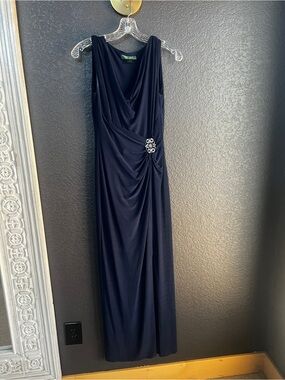 Lauren Ralph Lauren Navy Blue Sleeveless Draped Evening Gown with Brooch